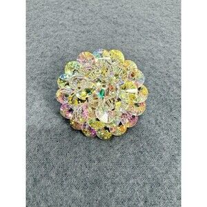 Vintage Iridescent Beaded Layered Brooch Pin Flower Aurora Borealis Statement